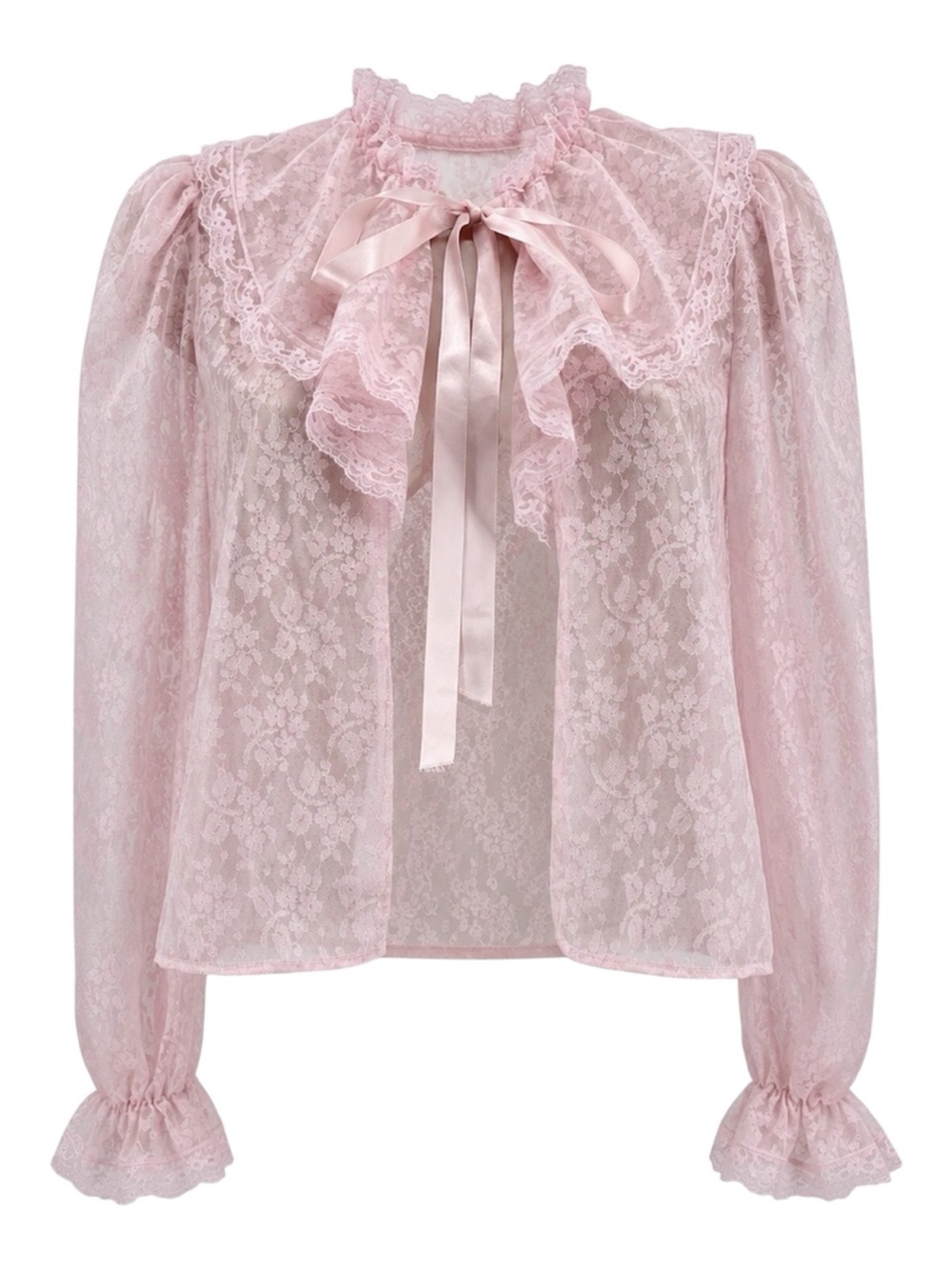 VTG Coquette Sheer Pink Floral Lace Regency Boudoir Lace Open Cardigan Size S